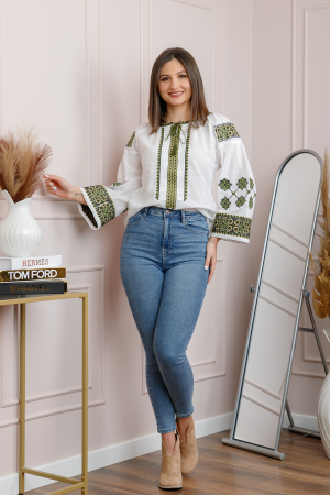 Bluza tip ie alba cu motiv geometric verde Rodica [3]