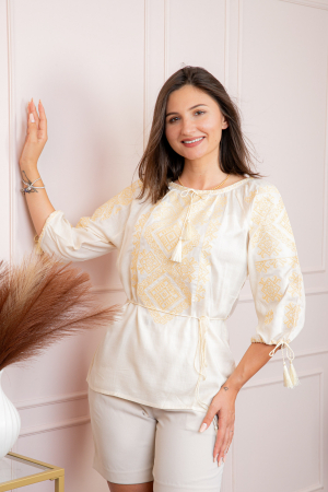 Ie cu maneca scurta - Bluza tip ie crem cu motiv geometric auriu Ana