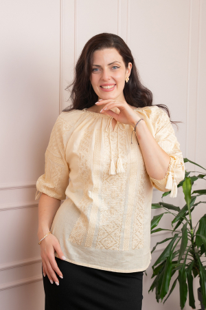 Ie cu maneca scurta - Bluza tip ie crem cu motiv geometric auriu Angelina 02