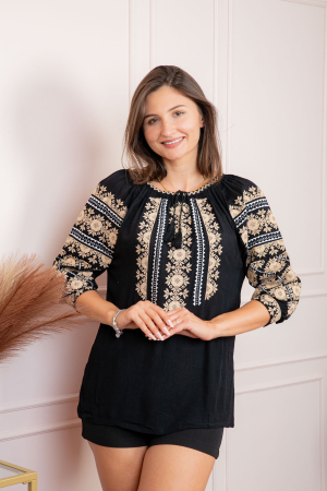 Bluze cu motive traditionale - Bluza tip ie neagra cu motiv floral crem Brigita 05