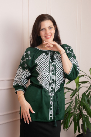Bluze cu motive traditionale - Bluza tip ie verde cu motiv geometric alb Eleonora
