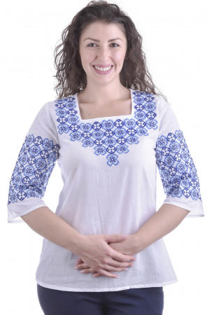 Bluza traditionala alba cu motiv floral albastru Ariana [0]
