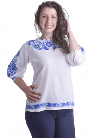 Bluza traditionala alba cu motiv floral albastru Celia [3]