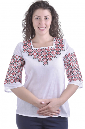 Bluze cu motive traditionale - Bluza alba cu motiv floral rosu Ariana 02