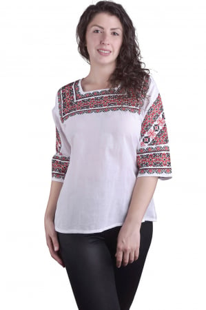 Bluza traditionala alba cu motiv geometric rosu Carmina [3]