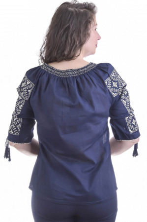 Bluza traditionala albastra cu motiv geometric alb Elvira [2]