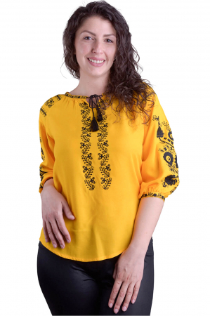 Bluza traditionala galbena cu motiv floral negru Fabiana [0]