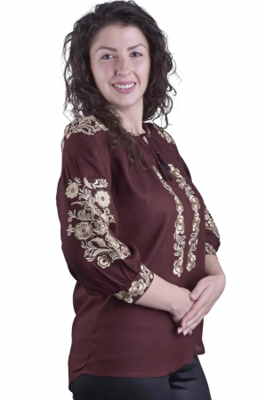 Bluza traditionala maro cu motiv floral auriu Medeea [1]