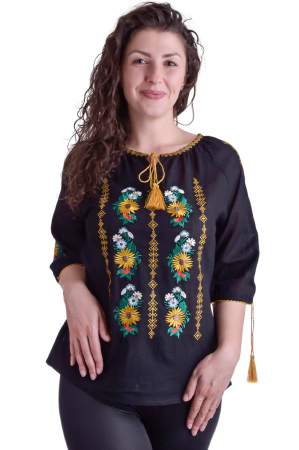 Bluze cu motive traditionale - Bluza traditionala neagra cu motiv floral galben Anemona