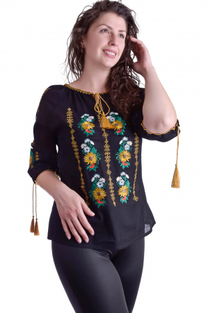 Bluza traditionala neagra cu motiv floral galben Anemona [3]