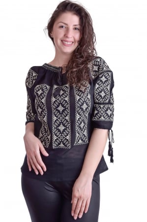 Bluza traditionala neagra cu motiv geometric alb Ines [3]