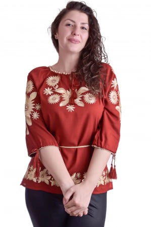 Bluza traditionala rosie cu motiv floral auriu Alessia [3]