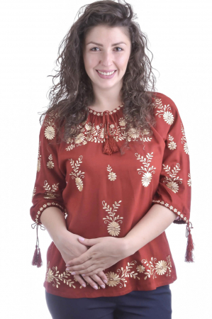 Bluza traditionala rosie cu motiv floral auriu Beatrice [0]