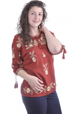 Bluza traditionala rosie cu motiv floral auriu Beatrice [3]
