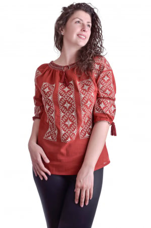 Bluza traditionala rosie cu motiv geometric alb Ariadna [3]
