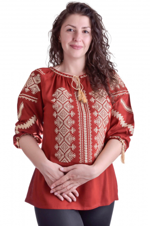 Bluza traditionala rosie cu motiv geometric auriu Georgiana [0]