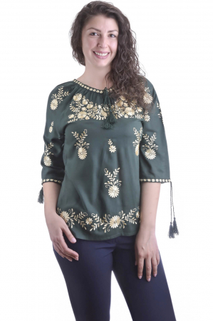 Bluza traditionala verde cu motiv floral auriu Alice [3]