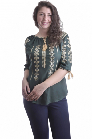 Bluza traditionala verde cu motiv geometric crem Amina [3]