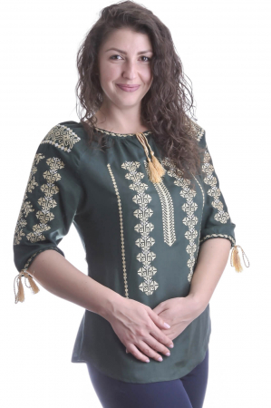 Bluza traditionala verde cu motiv geometric crem Amina [1]