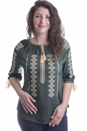 Bluza traditionala verde cu motiv geometric crem Amina [0]