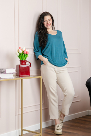 Bluza tricotata turcoaz inchis cu maneci liliac [3]