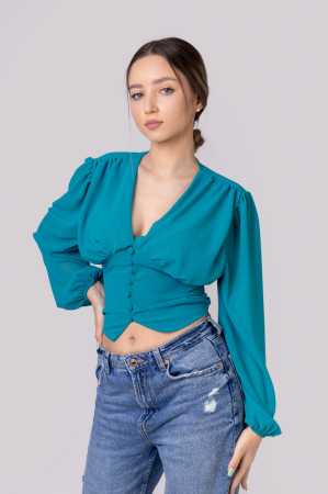 Bluze - Bluza turcoaz cu maneci bufante