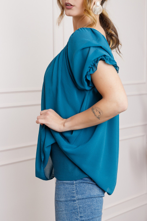 Bluza turcoaz inchis din voal cu maneci bufante [1]