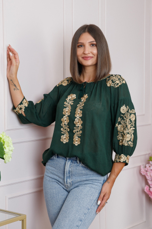 Bluze cu motive traditionale - Bluza verde cu motiv floral auriu Iasmina 05 - maneca scurta
