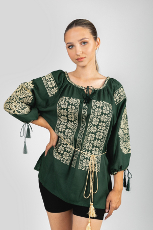 Bluze cu motive traditionale - Bluza verde cu motiv floral auriu Naomi 01