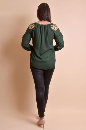Bluza verde cu motiv floral auriu Iasmina 05 - maneca lunga [7]