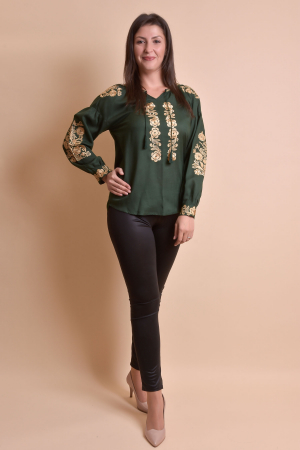 Bluza verde cu motiv floral auriu Iasmina 05 - maneca lunga [5]