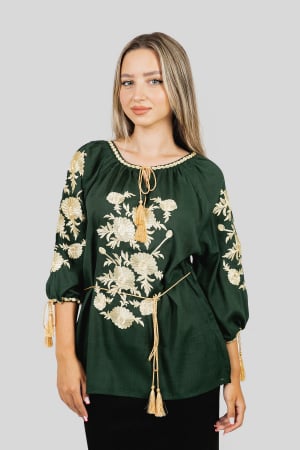 Bluze cu motive traditionale - Bluza verde cu motiv floral auriu Taisia 02