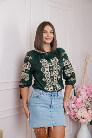 Bluze cu motive traditionale - Bluza verde cu motiv floral crem Codrina