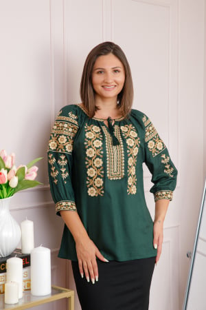 Bluze cu motive traditionale - Bluza verde cu motiv floral crem Iolanda 01