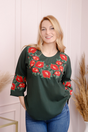 Bluze cu motive traditionale - Bluza verde cu motiv floral rosu Melania