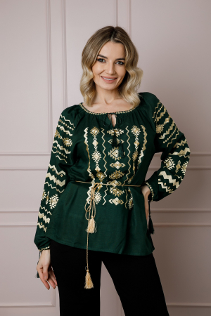 Bluze cu motive traditionale - Bluza verde cu motiv geometric auriu Carmina 02