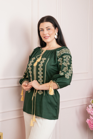 Bluze cu motive traditionale - Bluza verde cu motiv geometric auriu Melissa 07 - maneca scurta