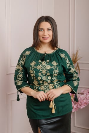 Bluze cu motive traditionale - Bluza verde cu motiv geometric auriu Nadina