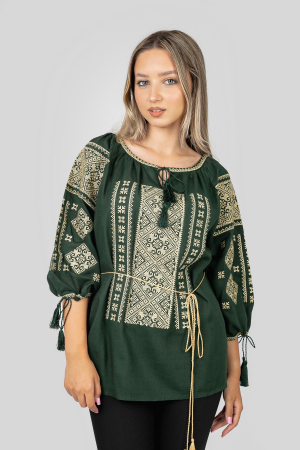 Bluze cu motive traditionale - Bluza verde cu motiv geometric auriu Sonia