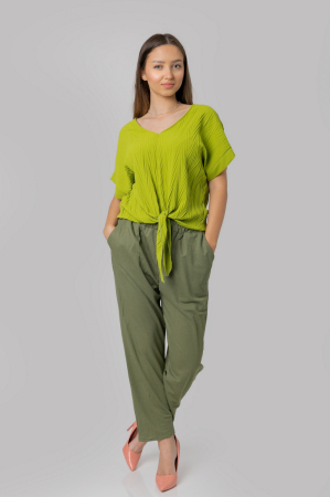 Bluza verde praz casual cu aspect texturat si nod in talie [3]