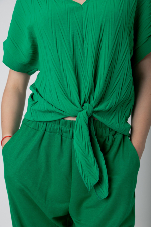 Bluza verde smarald casual cu aspect texturat si nod in talie [1]