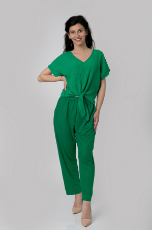 Bluza verde smarald casual cu aspect texturat si nod in talie [3]