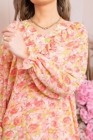 Bluza Vivienne din voal cu volanase si imprimeuri florale roz somon [1]