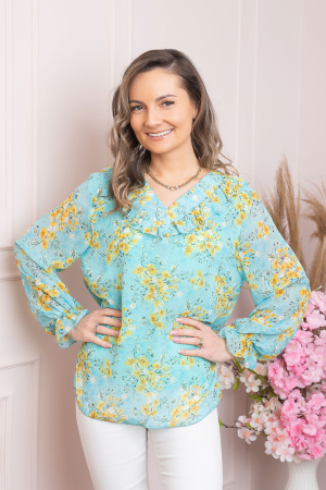 Bluza Vivienne din voal cu volanase si imprimeuri florale turcoaz [2]