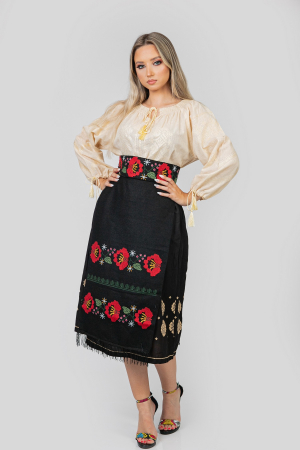 Brau traditional negru cu motiv floral rosu Zina [3]