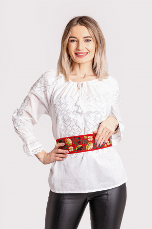 Brau traditional rosu cu motiv floral multicolor Crenguta [3]