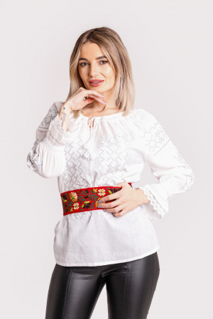 Brau traditional rosu cu motiv floral multicolor Crenguta [4]