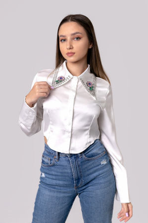 Camasa alba cu guler stilizat cu pietre colorate [0]