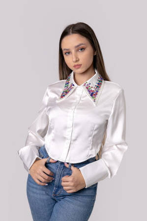 Camasa alba cu guler stilizat cu pietre si perle [0]