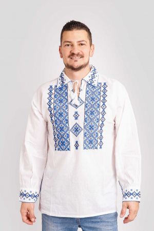 Camasa barbateasca traditionala alba cu motiv floral albastru Codin [0]